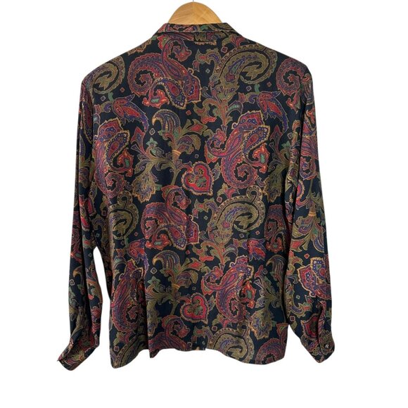 Anne Klein II Wool Silk Paisley Blouse Black Jewel-Tone Button Front Top Size 12 - Picture 4 of 6